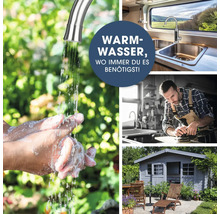 Kollage, die die Verwendung von Warmwasser in verschiedenen Situationen zeigt: Händewaschen im Freien, Spüle im Wohnmobil, Handwerker bei der Arbeit und Gartenlaube