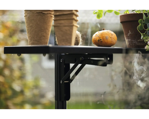Schwarzes Gewächshausregal mit Töpfen und Kürbis