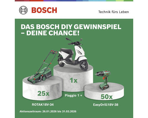 Bosch Gewinnspiel Anzeige mit Rasenmäher, Roller Piaggio und Akku-Bohrschrauber