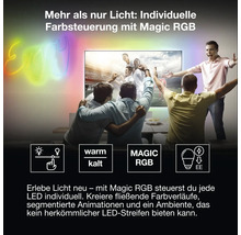 Wohnzimmer mit Fernseher und Magic RGB LED Beleuchtung, Personen schauen Fußball, Lichteffekte, Symbole für Dimmen, Farbtemperatur und Energieeffizienz.