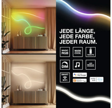 Flexibler LED-Lichtschlauch an einer Wand über einem hölzernen Sideboard, dimmbar, mit App-Steuerung und Smart-Home-Funktionen.