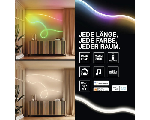 Flexibler LED-Lichtschlauch an einer Wand über einem hölzernen Sideboard, dimmbar, mit App-Steuerung und Smart-Home-Funktionen.