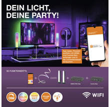 Infografik zur Smart Home Beleuchtung mit LED-Lichtleisten, HDMI Sync Box, Control Box und App-Steuerung. Funktionen: Dimmen, Farben, WiFi.