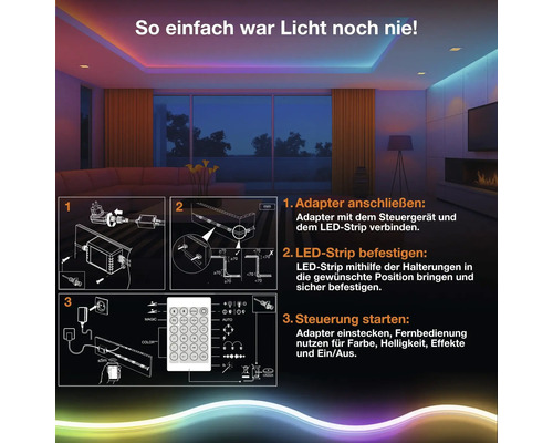 Anwendungsbeispiel und Montageanleitung für ein LED-Streifen Set mit Fernbedienung in einem modernen Wohnzimmer.