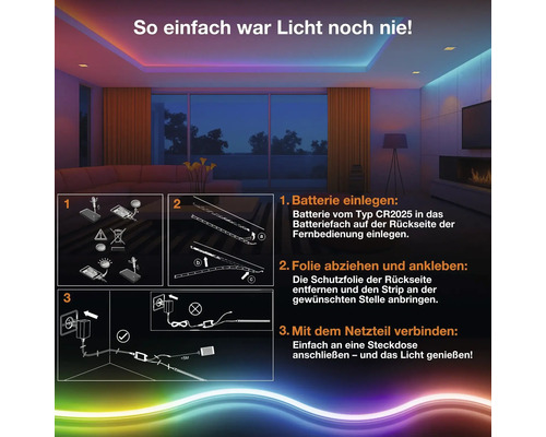 Infografik zur Installation eines LED-Strips in drei Schritten: Batterie einlegen, Klebefolie abziehen und anbringen, Netzteil anschließen.