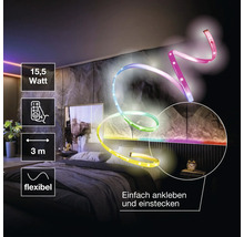 Flexibler LED-Streifen im Schlafzimmer, 15,5 Watt, 3 Meter lang, mit Fernbedienung steuerbar, einfach ankleben und einstecken.