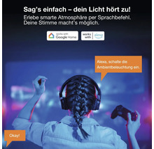 Person mit Kopfhörern und Controller steuert smarte Beleuchtung per Sprachbefehl. Google Home Logo und Alexa Logo sind sichtbar.