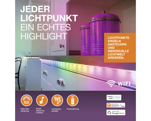 Smarter RGBW LED-Streifen in Küche mit Einzelsteuerung, Musik-Rhythmus-Funktion und WiFi für Alexa, Google Home und Smart Plus Applikation.