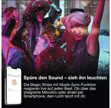 Tanzende Personen auf einer Party mit bunten Lichteffekten und Smartphone-App zur Steuerung der LED-Streifen per Musik-Synchronisation.