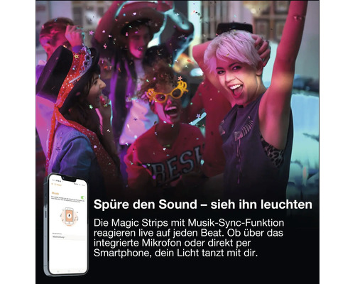 Tanzende Personen auf einer Party mit bunten Lichteffekten und Smartphone-App zur Steuerung der LED-Streifen per Musik-Synchronisation.