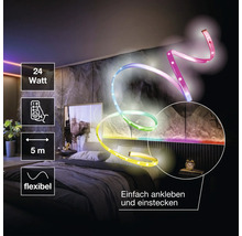 Flexibler LED-Streifen, 5 Meter, 24 Watt, mit Fernbedienung für Ambientebeleuchtung im Schlafzimmer hinter dem Kopfteil des Betts.
