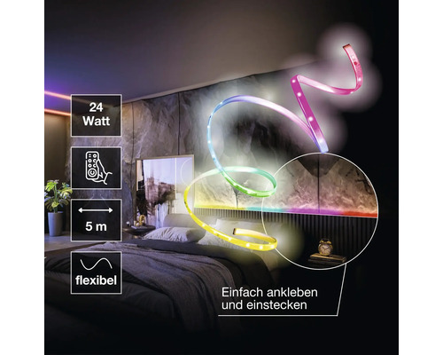 Flexibler LED-Streifen, 5 Meter, 24 Watt, mit Fernbedienung für Ambientebeleuchtung im Schlafzimmer hinter dem Kopfteil des Betts.
