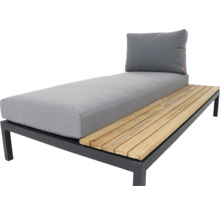 Gartenliege mit schwarzem Metallgestell, Holzlatten aus Akazie und grauen Sitz- sowie Rückenkissen.