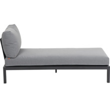 Gartenliege mit schwarzem Metallgestell und grauen Polstern.