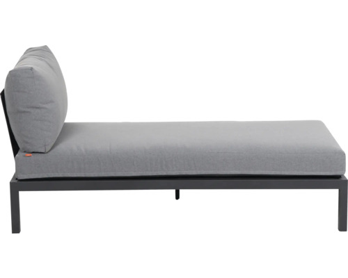 Gartenliege mit schwarzem Metallgestell und grauen Polstern.