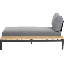 Garten-Lounge-Sofa mit Holzuntergestell, Metallrahmen und grauen Polstern.