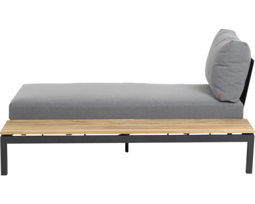 Garten-Lounge-Sofa mit Holzuntergestell, Metallrahmen und grauen Polstern.