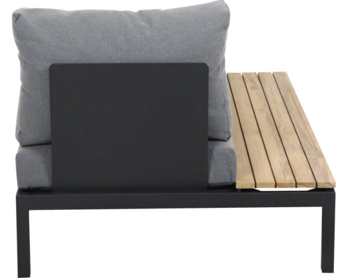 Gartenlounge-Element mit grauem Polster und Beistelltisch aus Holzlatten auf schwarzem Metallgestell.