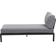 Moderne Récamiere mit dunkelgrauem Metallgestell und hellgrauen Polstern, bestehend aus einer langen Sitzfläche und einem Rückenkissen.