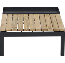 Garten-Beistelltisch mit einer Tischplatte aus Holzlamellen und einem schwarzen Metallgestell.