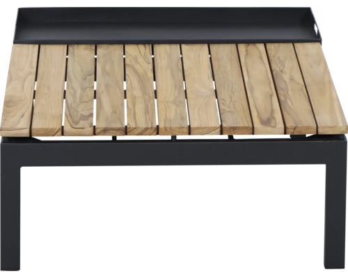 Garten-Beistelltisch mit einer Tischplatte aus Holzlamellen und einem schwarzen Metallgestell.