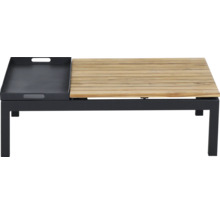 Loungetisch für den Garten mit schwarzem Metallgestell, Tischplatte aus Holzlamellen und einem integrierten, abnehmbaren Tablett.