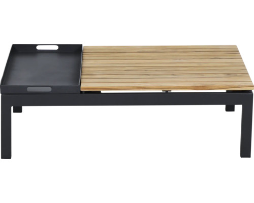 Loungetisch für den Garten mit schwarzem Metallgestell, Tischplatte aus Holzlamellen und einem integrierten, abnehmbaren Tablett.