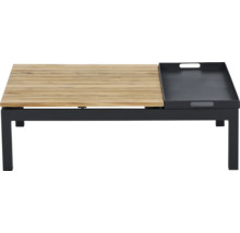 Gartentisch mit Holzlamellen und integriertem schwarzem Tablett auf einem dunklen Metallgestell.