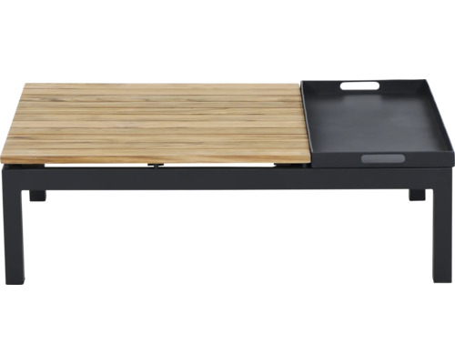 Gartentisch mit Holzlamellen und integriertem schwarzem Tablett auf einem dunklen Metallgestell.