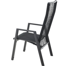 Anthrazitfarbener Gartenstuhl mit Armlehnen, hohem Rücken aus Seilgeflecht und gepolsterter Sitzfläche, Metallgestell.