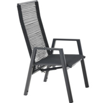 Anthrazitfarbener Gartenstuhl mit verstellbarer Rückenlehne aus Seilbespannung und Aluminiumrahmen.