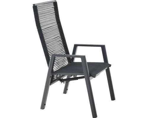Anthrazitfarbener Gartenstuhl mit verstellbarer Rückenlehne aus Seilbespannung und Aluminiumrahmen.