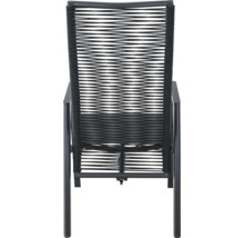 Gartenstuhl mit Metallgestell und schwarzem Seilgeflecht an der Rückenlehne.