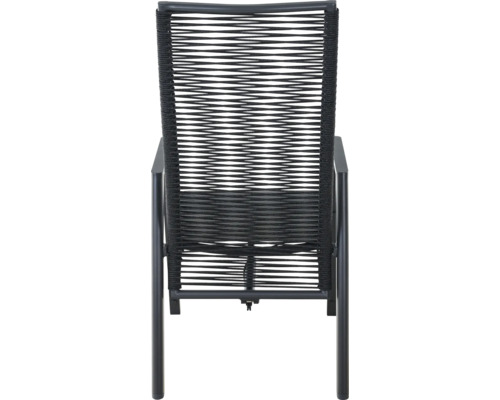 Gartenstuhl mit Metallgestell und schwarzem Seilgeflecht an der Rückenlehne.
