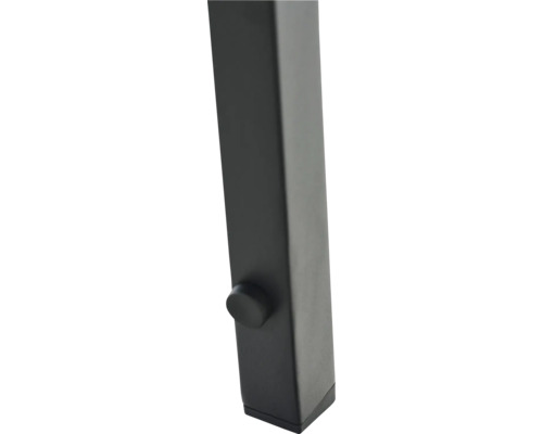 Quadratisches Möbelbein aus Metall mit Justierschraube und Schutzkappe.