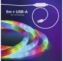 Fünf Meter langer LED-Streifen mit USB-A-Anschluss, ein komma fünf Meter Zuleitung, inklusive Schalter und bunter Beleuchtung.