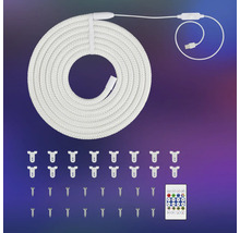 LED-Lichtschlauch-Set mit weißem Seil, USB-Kabel, Fernbedienung, Montageclips und Schrauben.