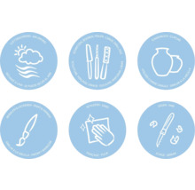 Symbole für lufttrocknend, schnitzen, bohren, feilen, tonähnlich, bemalen, lackieren, schleifen und sägen