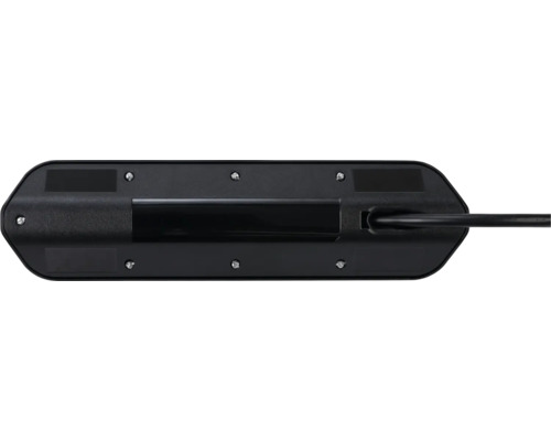 Unterseite einer schwarzen LED-Lampe mit Stromkabel