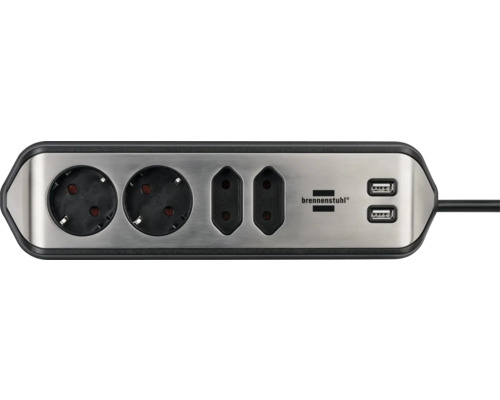 Mehrfachsteckdose mit zwei Steckdosen, zwei Eurosteckdosen und zwei USB-Anschlüssen