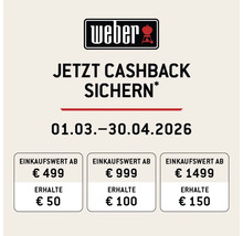 Weber Logo. Cashback promotion from March 1 to April 30, 2026. Get 50 euros cashback from a purchase value of 499 euros. Get 100 euros cashback from a purchase value of 999 euros. Get 150 euros cashback from a purchase value of 1499 euros.