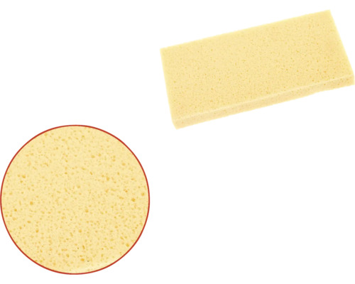 Zwei gelbe Schwämme, einer rechteckig und einer rund, für Reinigungsarbeiten