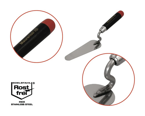Maurerkelle mit schwarzem Griff und Edelstahloberfläche