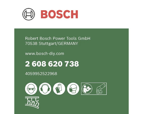 Bosch Logo und Produktinformationen mit Sicherheitssymbolen fuer Elektrowerkzeuge
