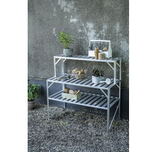Silbernes Pflanzregal mit drei Ablagen und Gartenzubehör