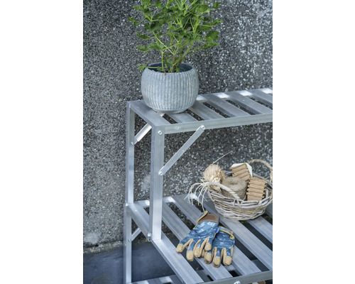 Gartenszene mit Pflanze in Topf auf einem Regal mit Gartengeräten.