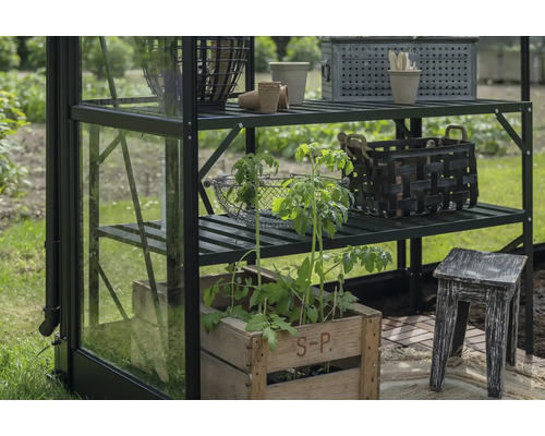 Gewächshausregal mit Pflanzen, Körben und Gartenzubehör für den Innen- und Außenbereich