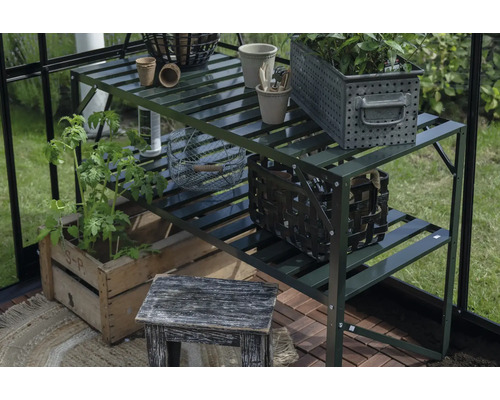 Gartenszene mit Pflanzenregal, Pflanzen und Gartenaccessoires in einem Gewächshaus