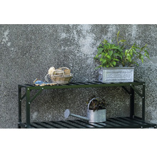 Gartenszene mit Regal, Pflanzen, Gießkanne und Gartenzubehör