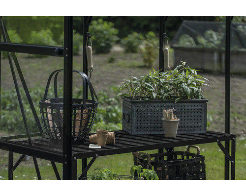 Gartenszene mit Pflanztisch, Pflanzen und Gartenwerkzeugen in einem Gewächshaus.